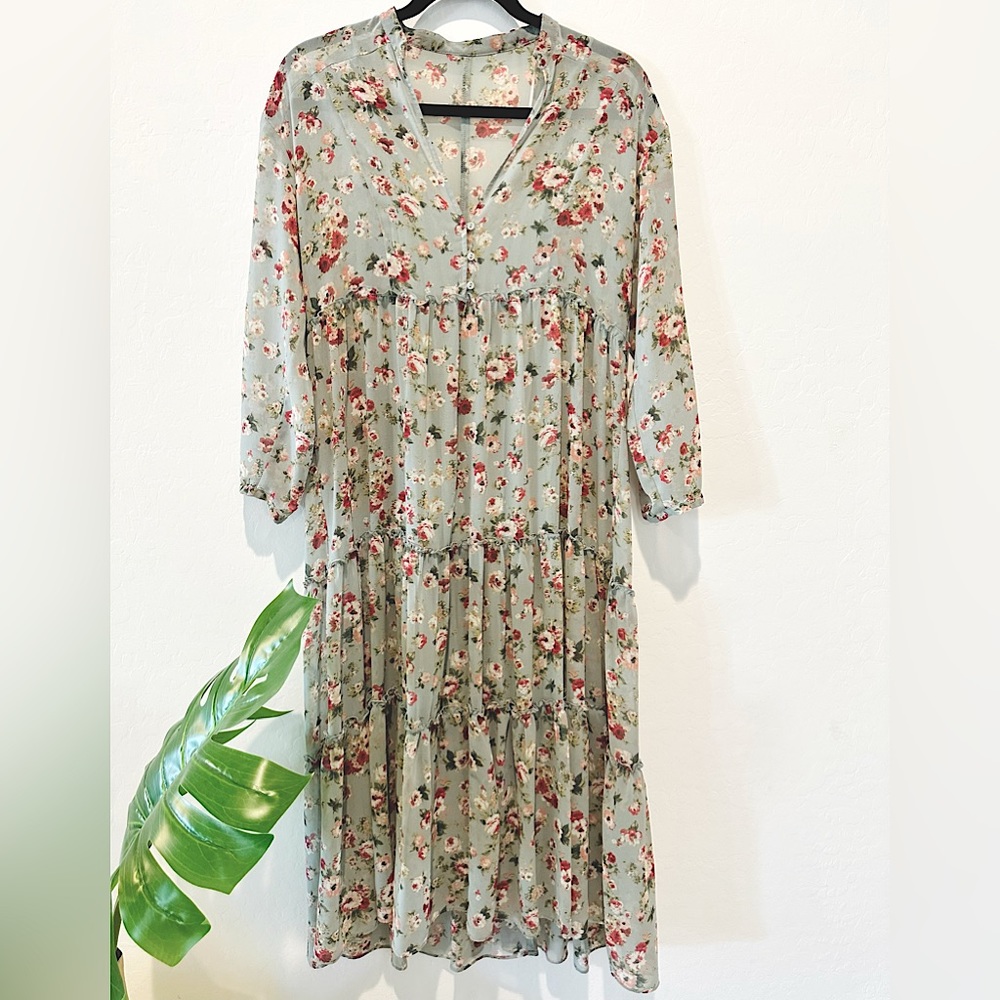 Zara Mint Green Sheer Floral Midi Dress